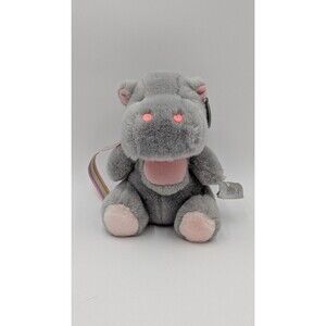 Vintage Princess Soft Toys Gray Hippo Plush 9" Pink Ears Rainbow Ribbon